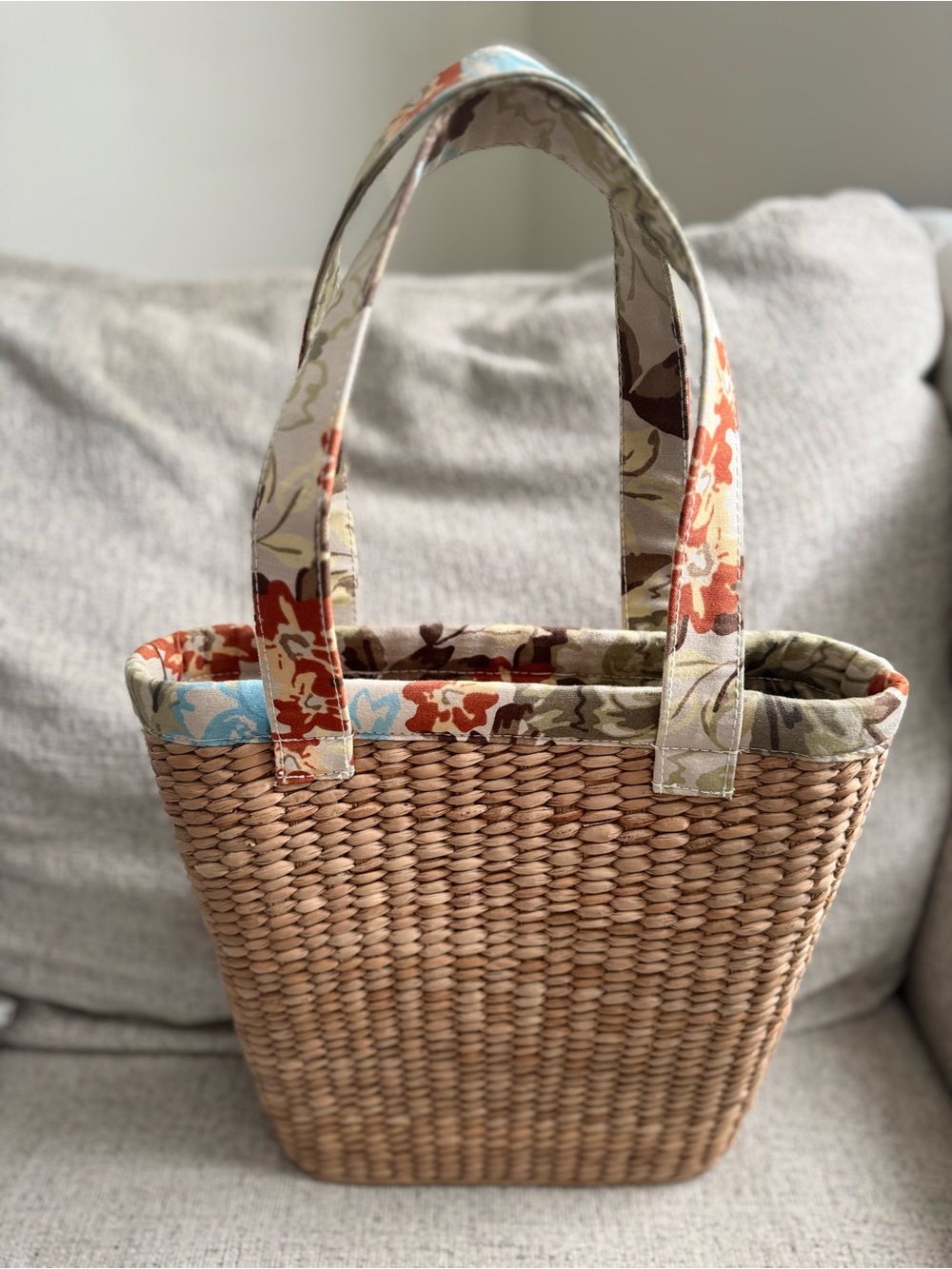 Floral-Trim Woven Straw Tote Bag - Natural with Orange & Blue Accents